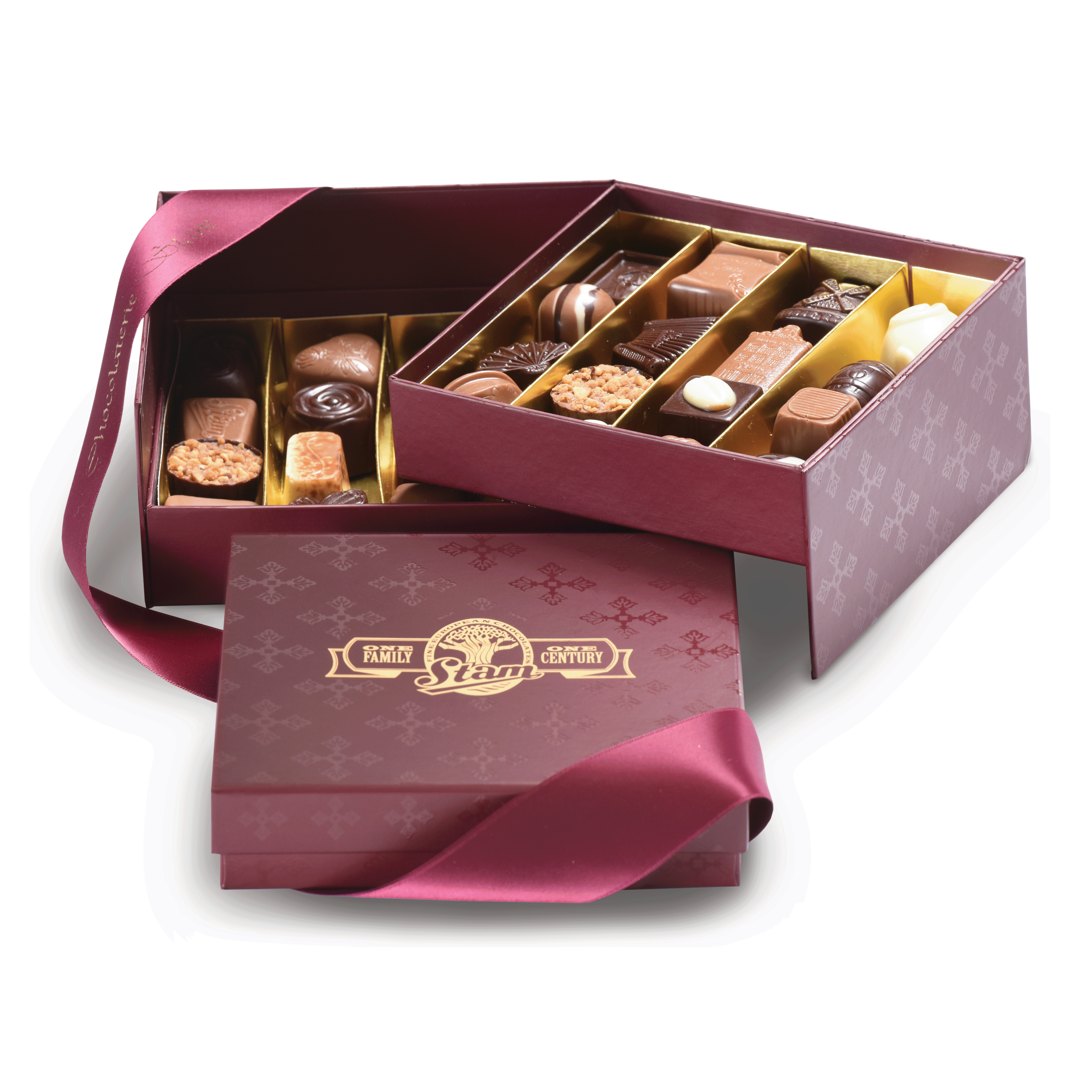 An open Chocolaterie Stam Jewel box filled with assorted bonbons